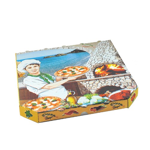 Krabice na pizzu 33 x 33 x 3 cm potisk - z vlnit lepenky / obl hrany / 72033